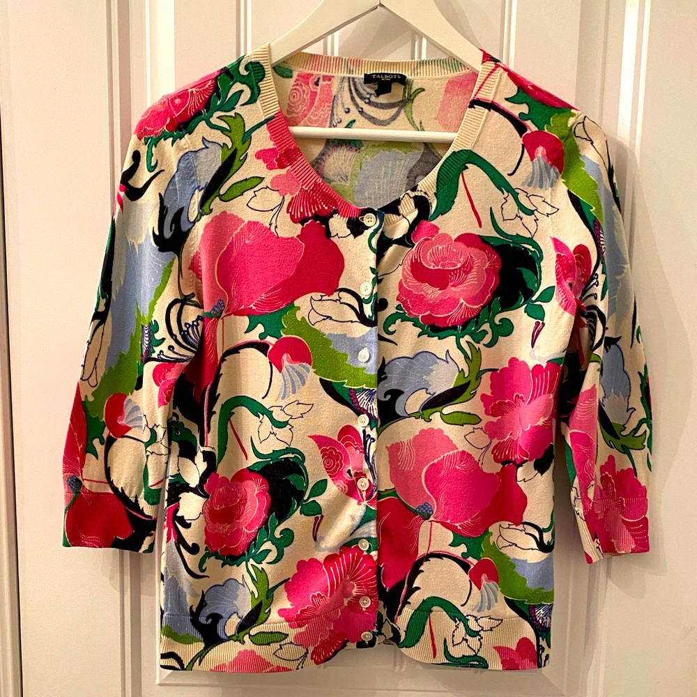 Talbots Petites Medium Large Floral Print Button Up Cardigan